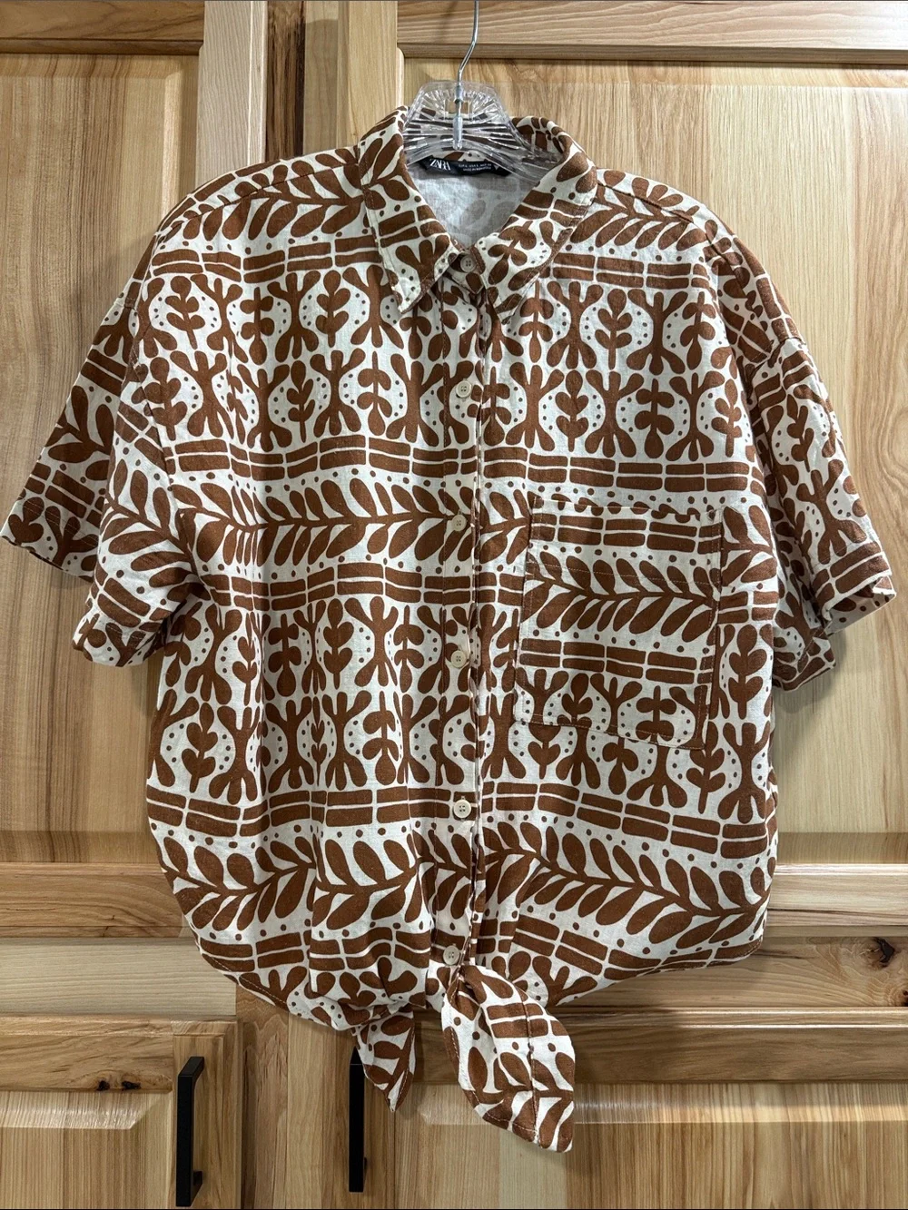ZARA Aztec Sz L Brown Printed Linen Blend Short-Sleeve Button-Down Tie Waist Top